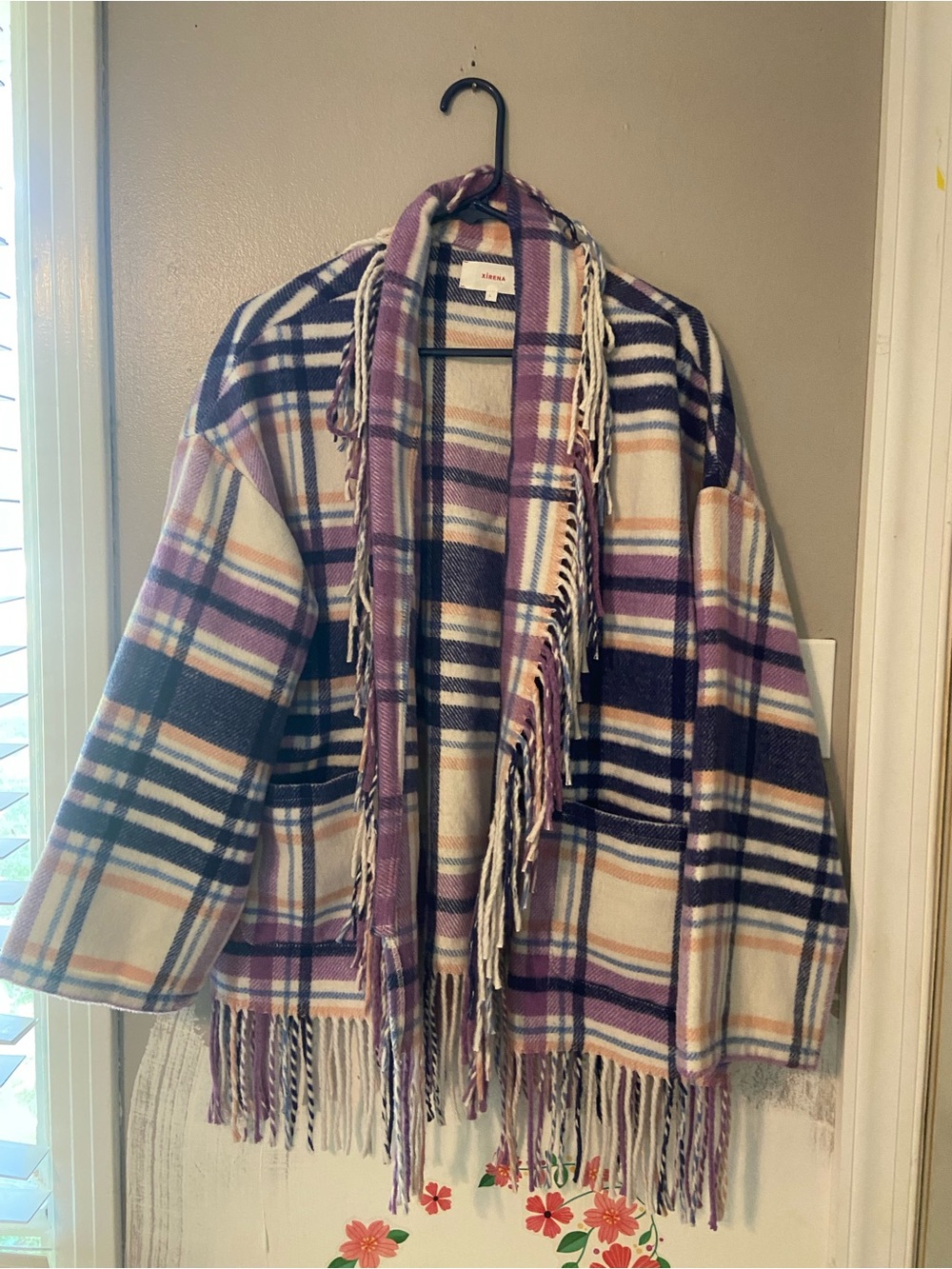 XiRENA Purple & White Plaid Fringe Open-Front Cape